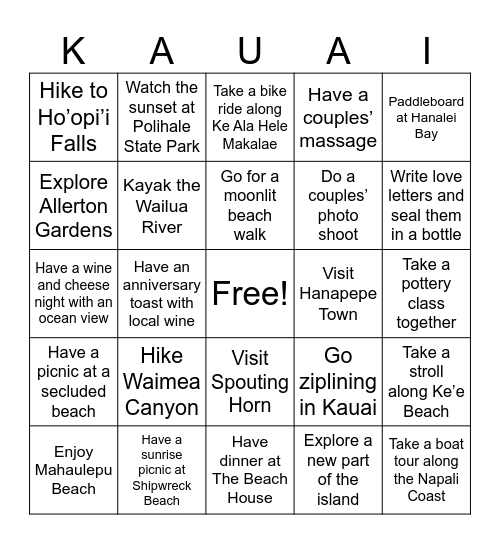 Hawaii Trip 2025 Bingo Card