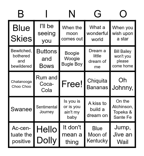 1940s Music Bingo Card