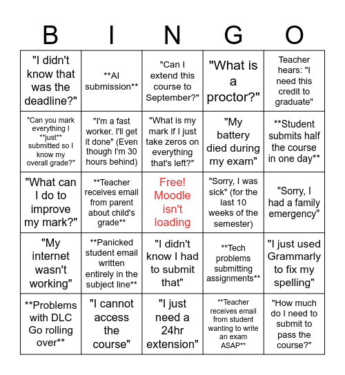 DLC End-Of-Semester Bingo Card Bingo Card