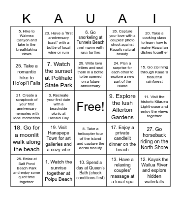 Hawaii couples trip 2025 Bingo Card