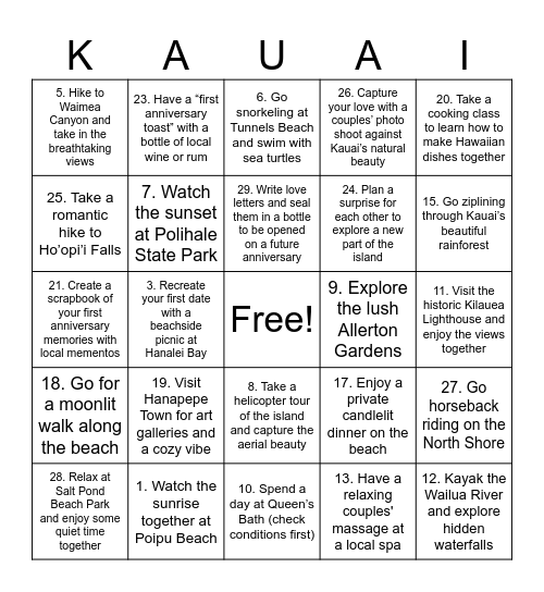 Hawaii couples trip 2025 Bingo Card