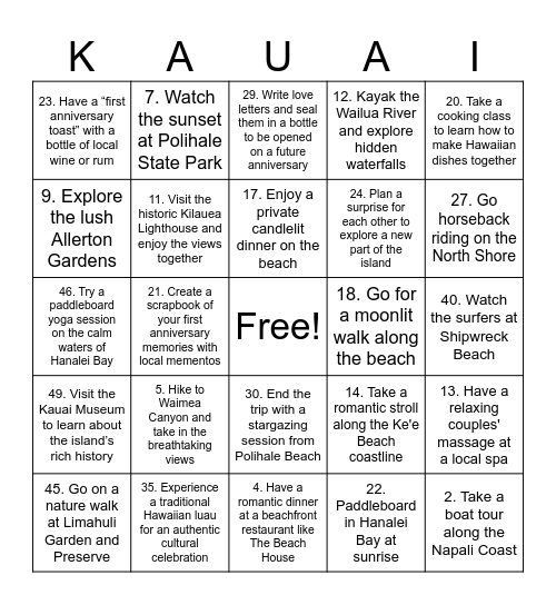 Hawaii couple memories 2025 Bingo Card