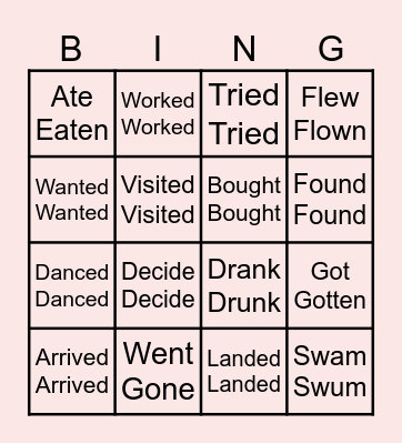 Verbs Bingo Card