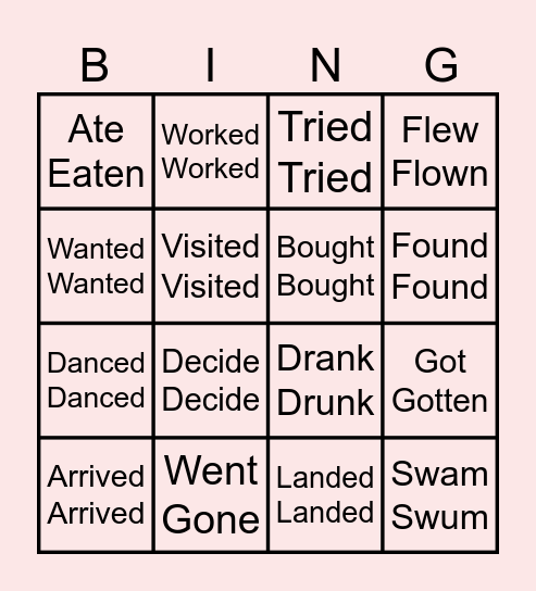 Verbs Bingo Card