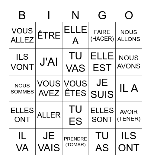 ALLER - ETRE- AVOIR Bingo Card