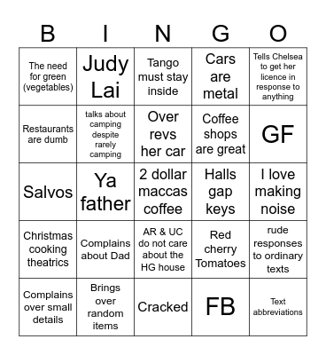 Mum Bingo Card