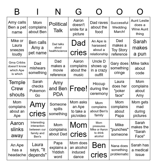 Wedding Bingo for Apes Bingo Card