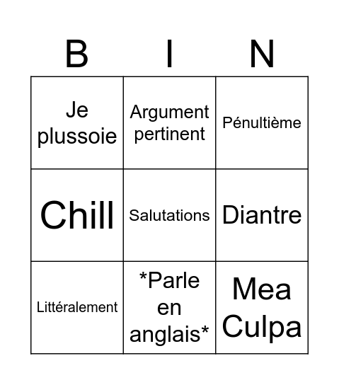 Les expressions de Noémie Bingo Card