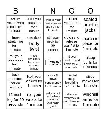 Exercise Bingo Card