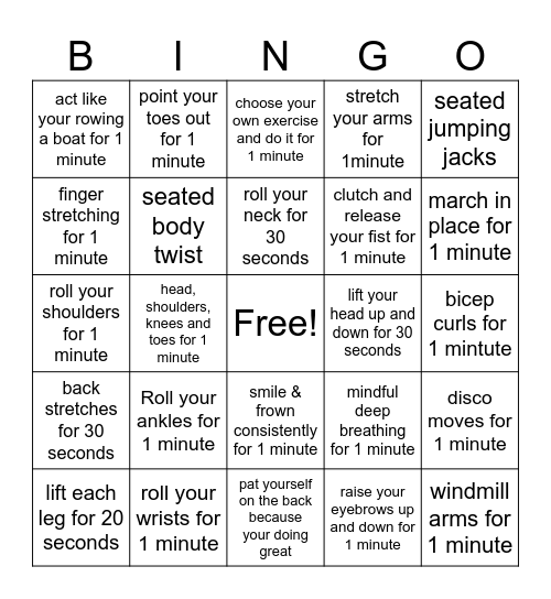 Exercise Bingo Card