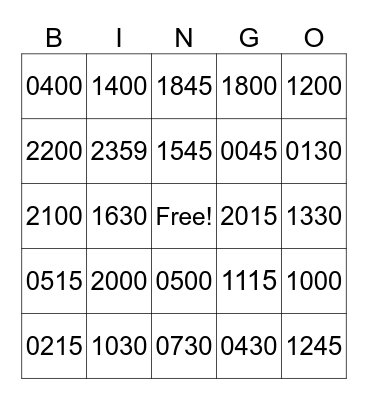 24 hour time Bingo Card