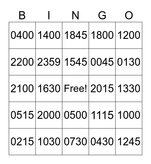 24 hour time Bingo Card