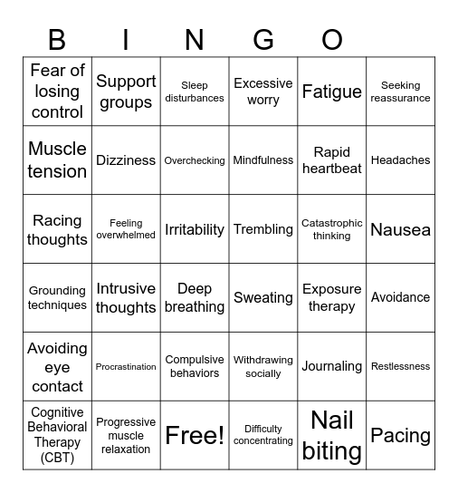 Anxiety symptoms Bingo Card