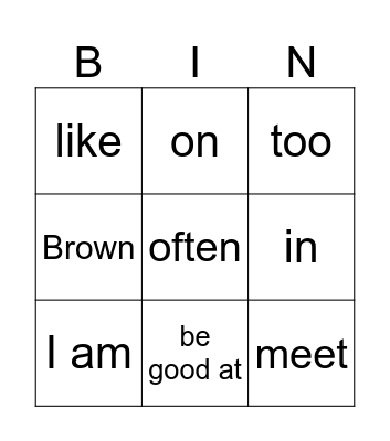 New words Bingo Card