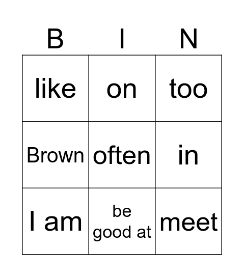 New words Bingo Card