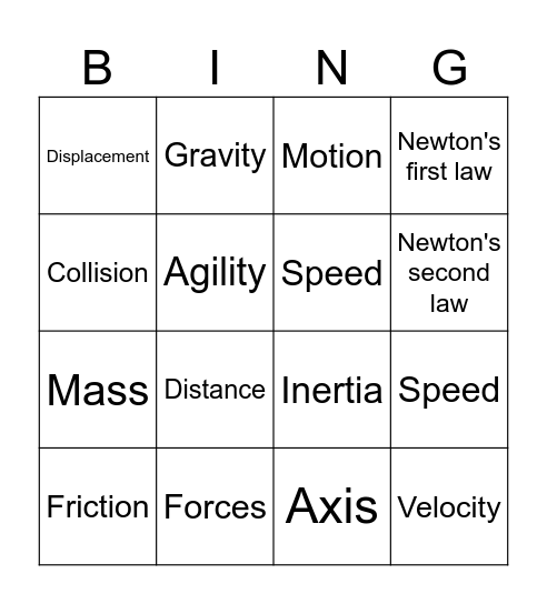 Forces and motion Bingo Card