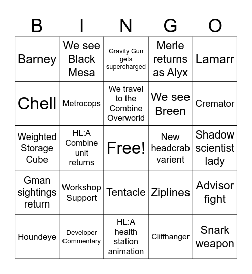 Half-Life 3 Bingo Card