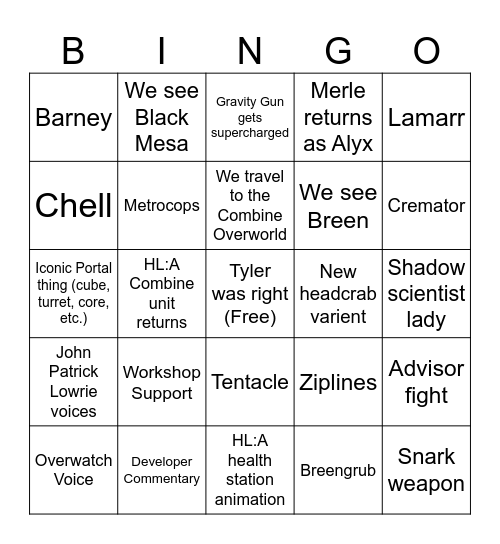 Half-Life 3 Bingo Card