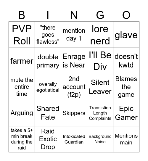 Destiny 2 Lfg Bingo Card