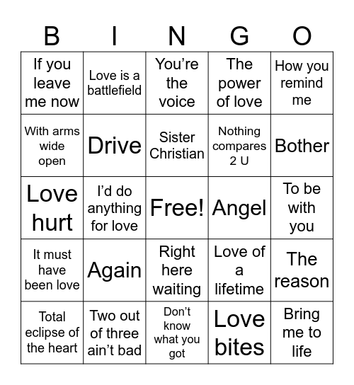 Power Ballads Bingo Card