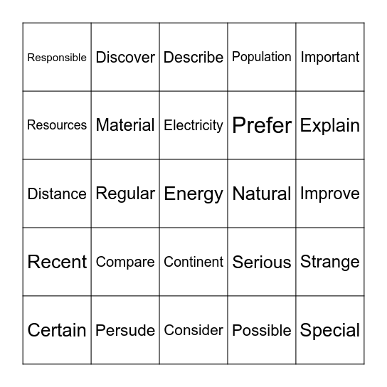 Spelling words Bingo Card