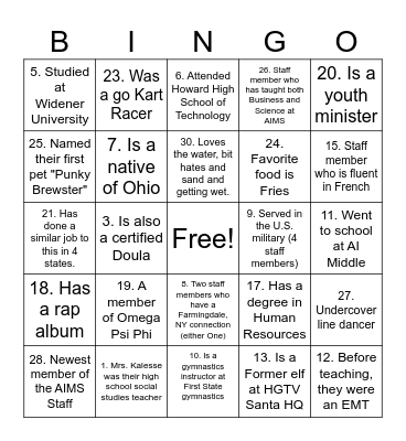 AIMS Staff BINGO! Bingo Card