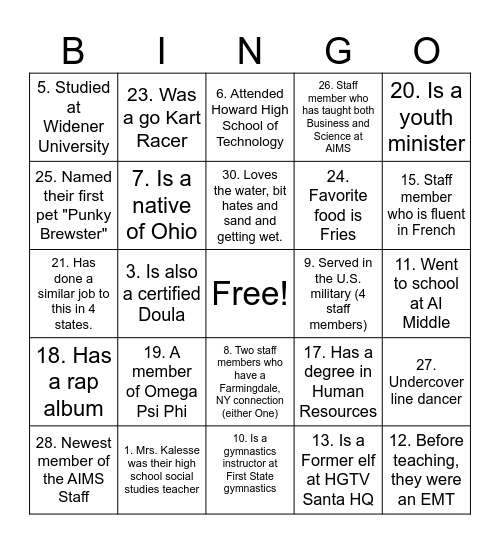 AIMS Staff BINGO! Bingo Card