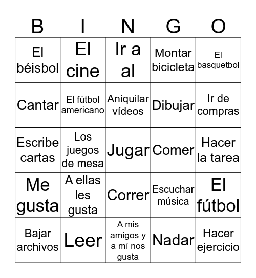 Talking about what you and others like to do Bingo Card