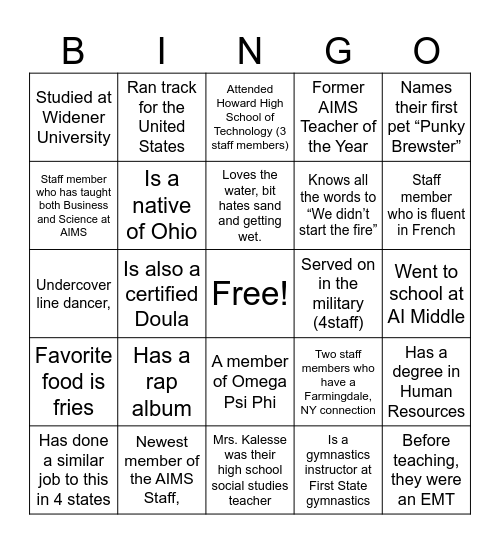 AIMS Staff Bingo Card