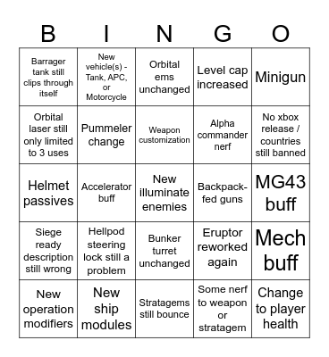 Helldivers 2 May Patch Bingo Card