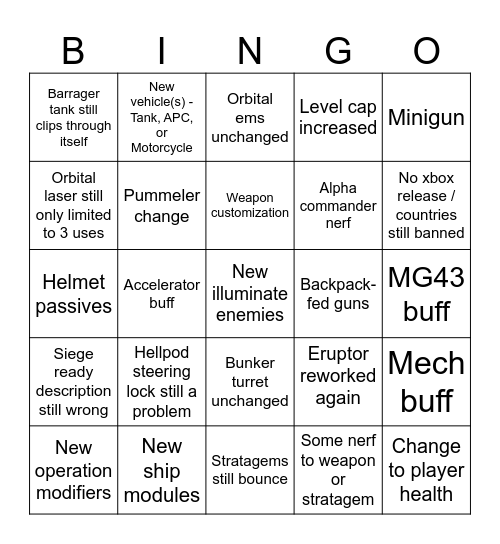Helldivers 2 May Patch Bingo Card