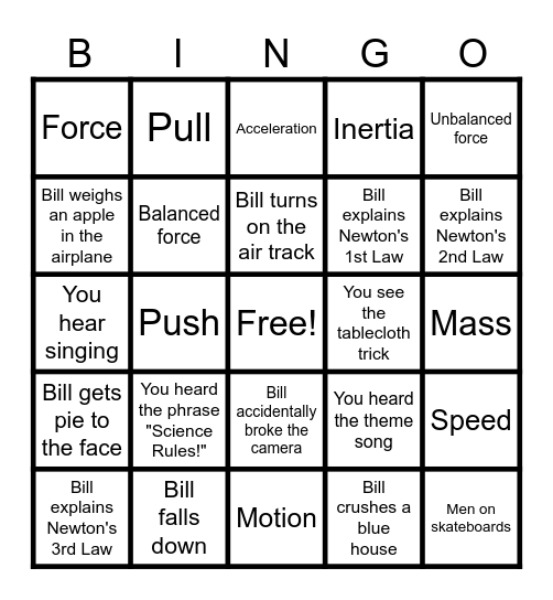 Bill Nye the Science Guy: Motion Bingo Card