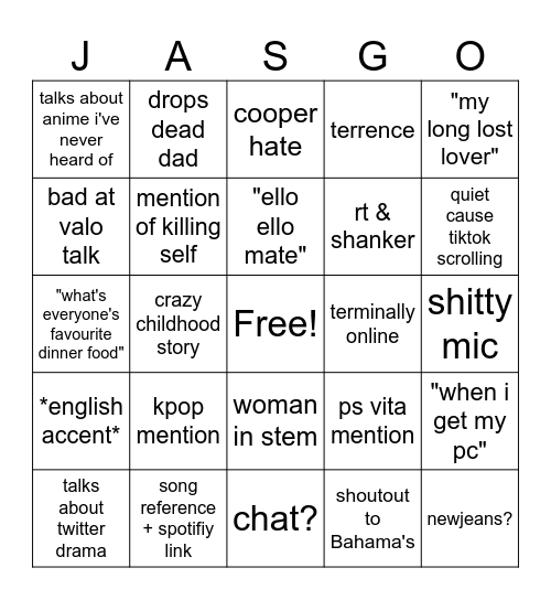 Jasgo Bingo Card