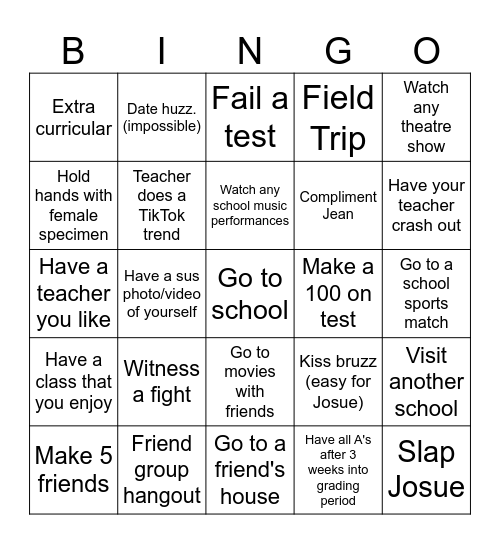 School Bingo Card