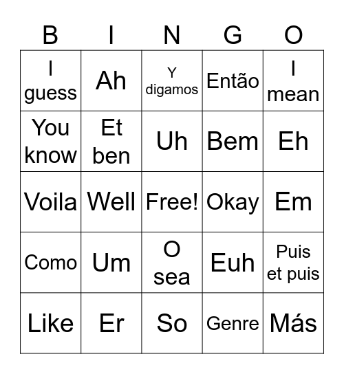 Filler Word Bingo Card