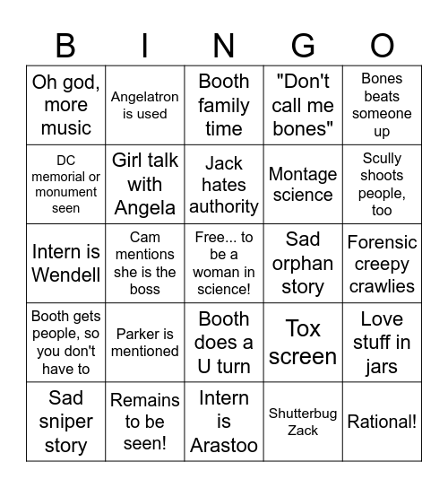 Bones TV Bingo!!! Bingo Card