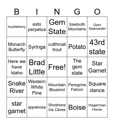 Idaho Bingo Card