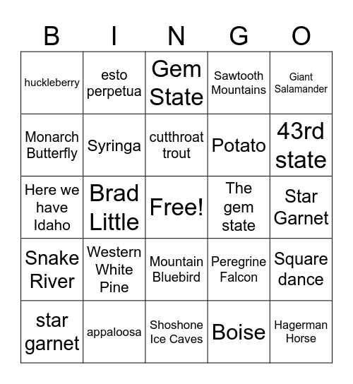 Idaho Bingo Card