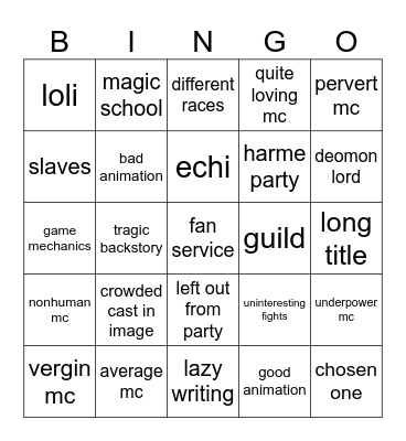 isekai anime Bingo Card