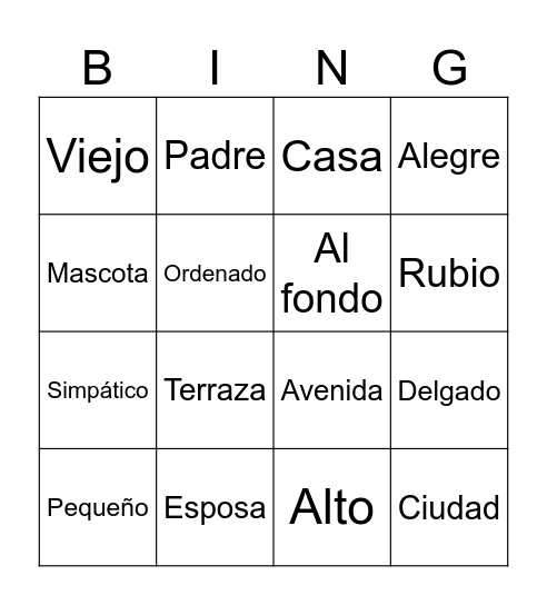 Vocabulario Bingo Card