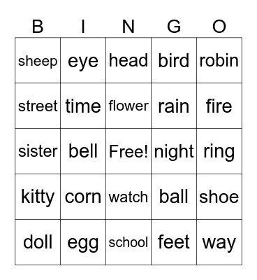 Grade 1 NOUNS Bingo Card