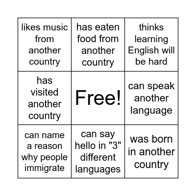Journey to America: Immigration Bingo Card