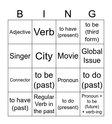 English Grammar and Vocabulary Bingo Card