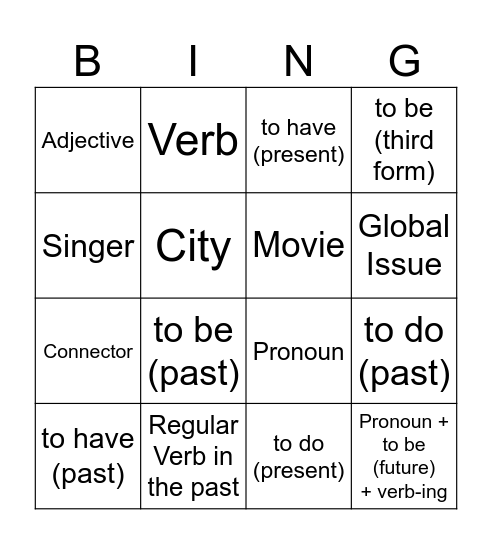 English Grammar and Vocabulary Bingo Card