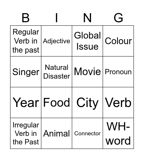 English Grammar and Vocabulary Bingo Card