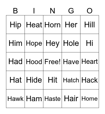 Initial /h/ words Bingo Card