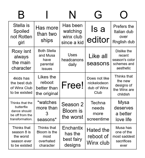 How much you know Winx Club bingo Card