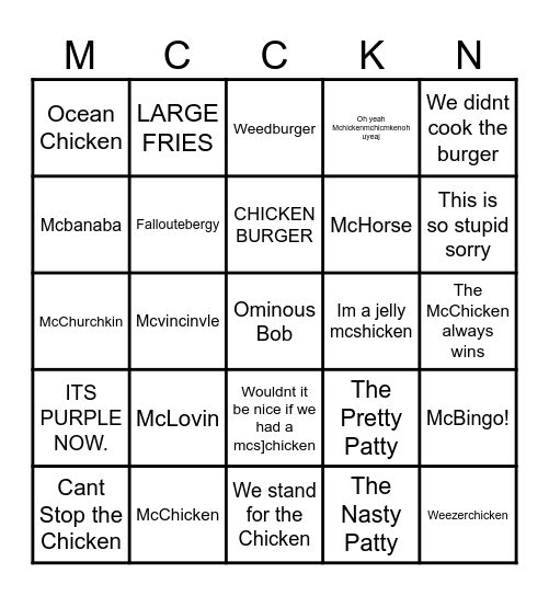 McChicken Twt Bingo Card