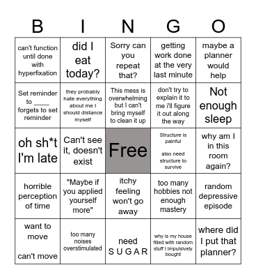ADHD Bingo Card