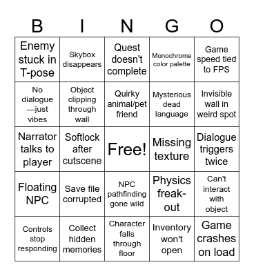 Indie Game Bingo Card